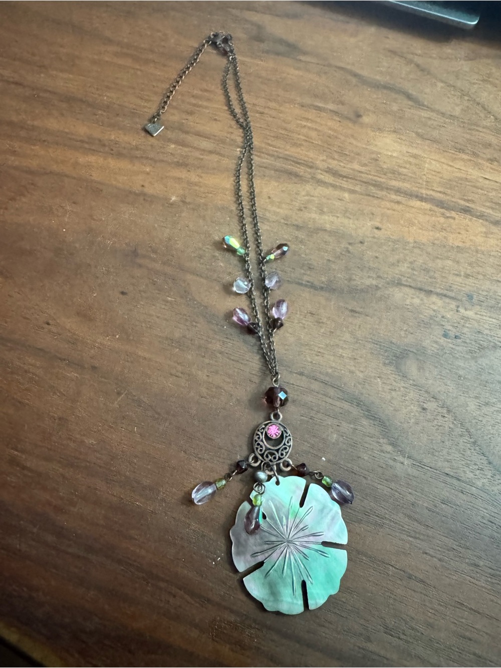 Cookie Lee Shell Abalone Flower Dangle Necklace w/Beads & Crystals *READ*